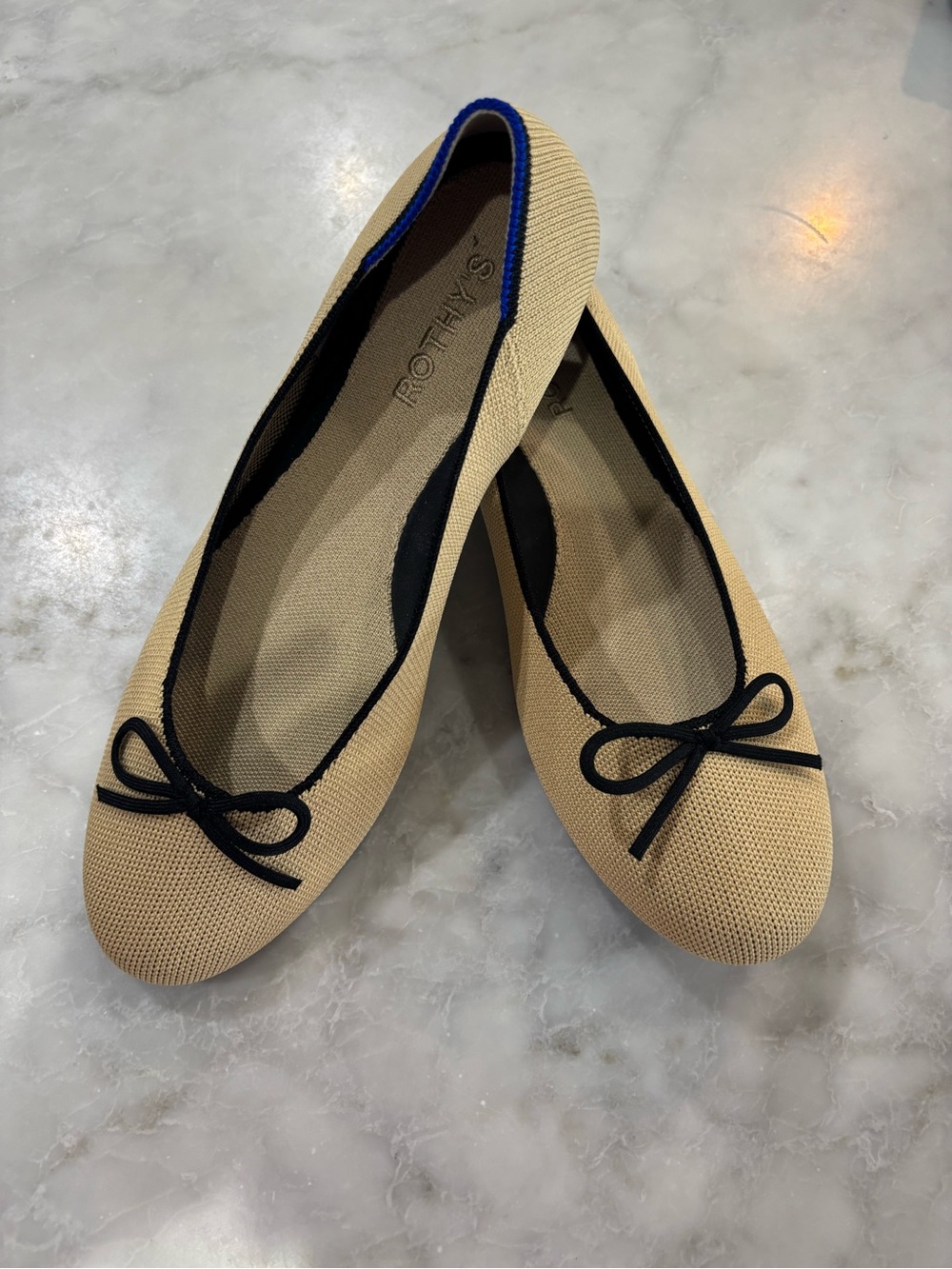 Rothy's Beige Knit Ballet Flats with Black Trim and Bow